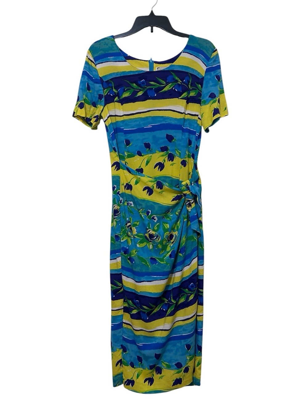 W2 Vintage 100% Rayon Floral Stripe Midi Dress Blue Yellow Size 14